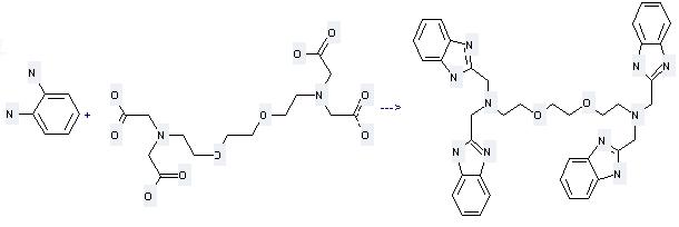 Ethylenebis(oxyethylenenitrilo)tetraacetic acid can react with benzene-1,2-diamine to get 1,8-bis[bis(benzimidazol-2'-ylmethyl)amino]-3,6-dioxaoctane. 